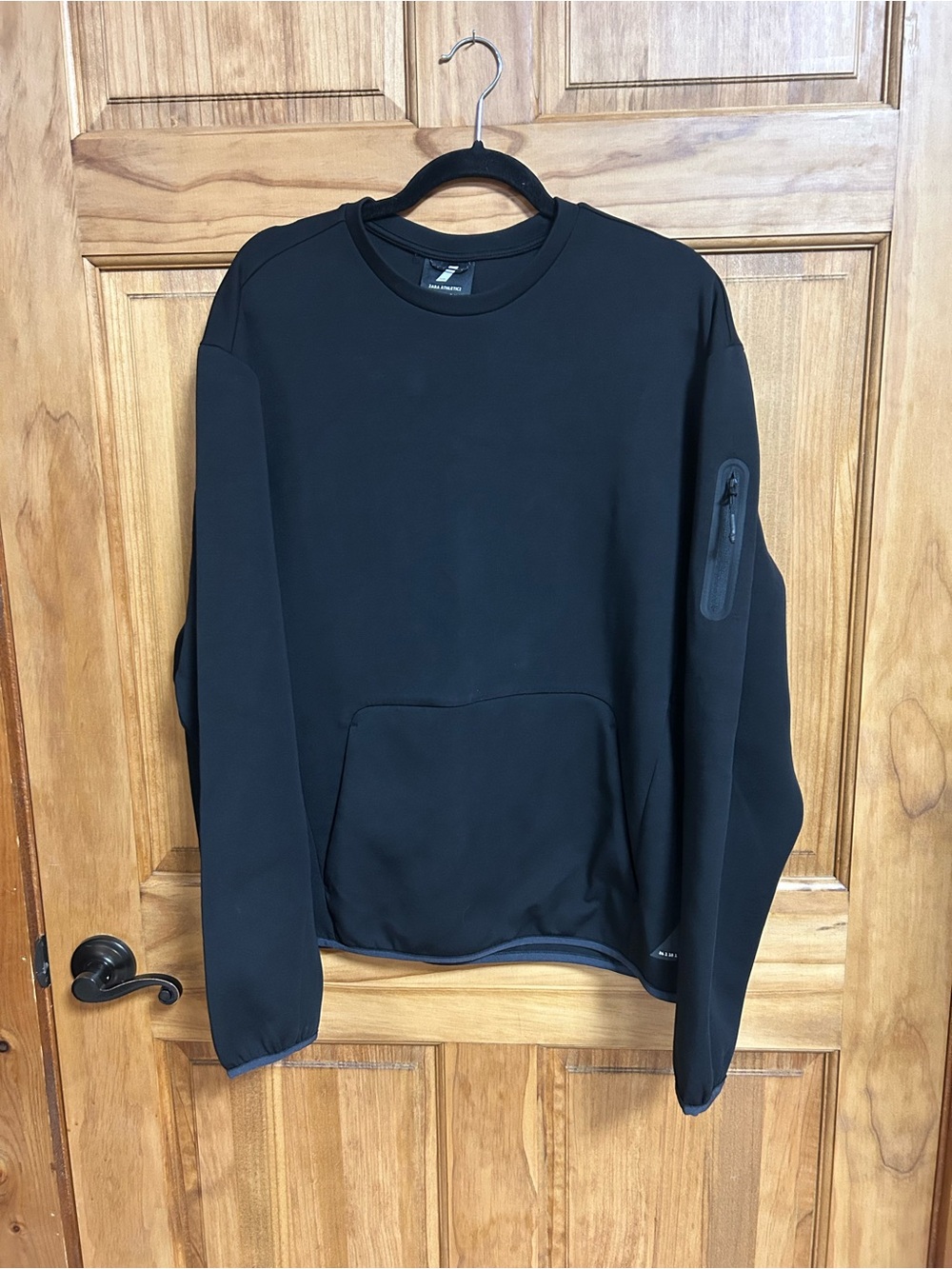 Men's Black Crewneck Sweatshirt with Sleeve Zip Pocket